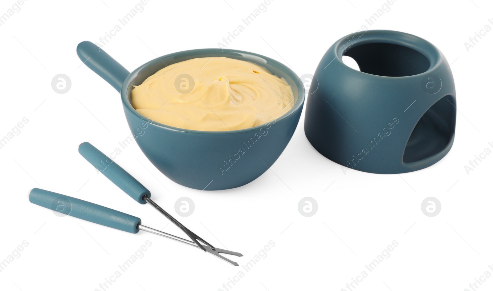 Photo of Fondue with tasty melted cheese and forks isolated on white