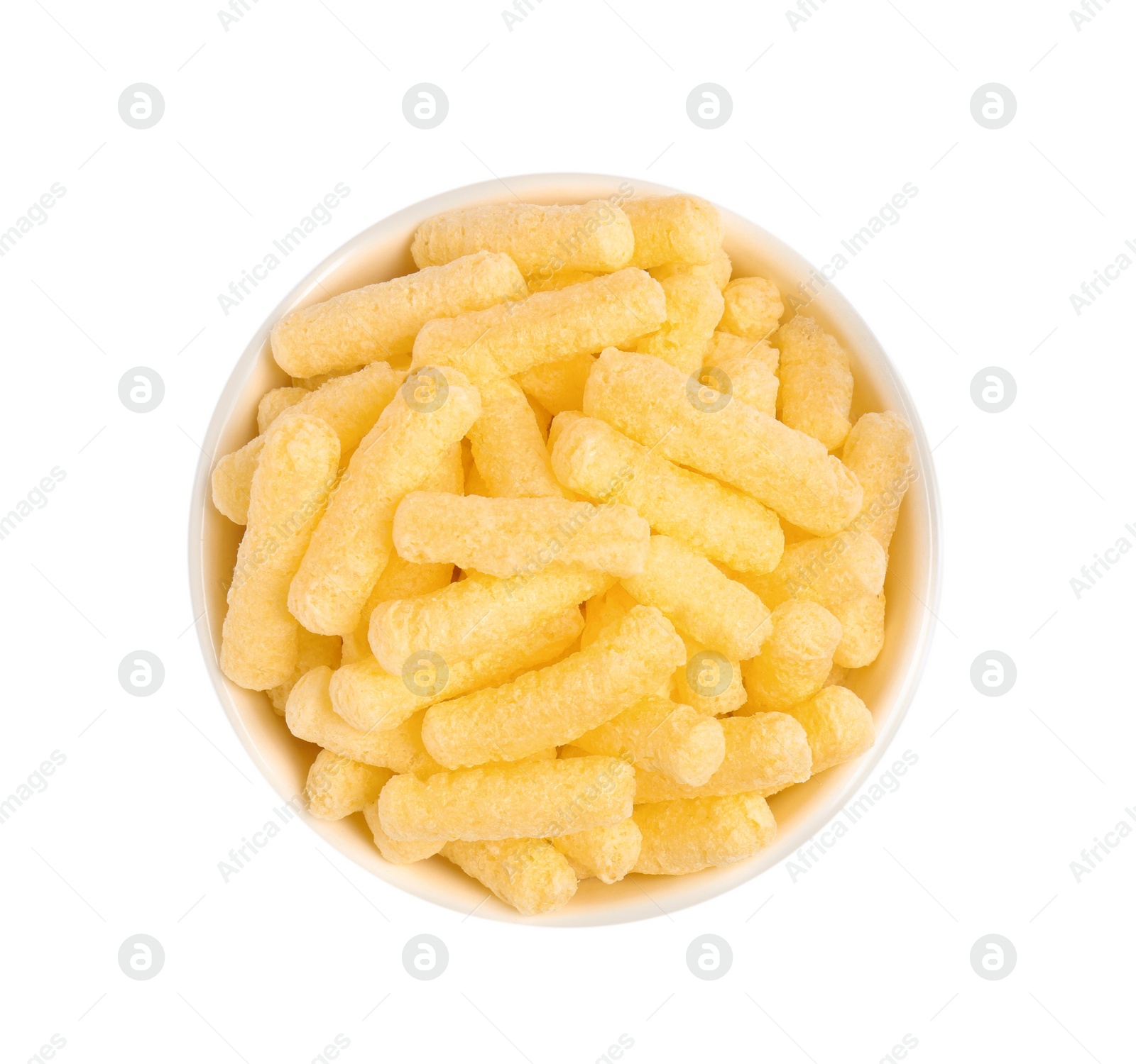 Photo of Bowl of sweet corn sticks isolated on white, top view