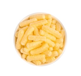Bowl of sweet corn sticks isolated on white, top view