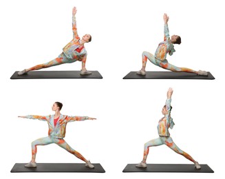 Image of Young woman practicing yoga on white background. Collage with different asanas