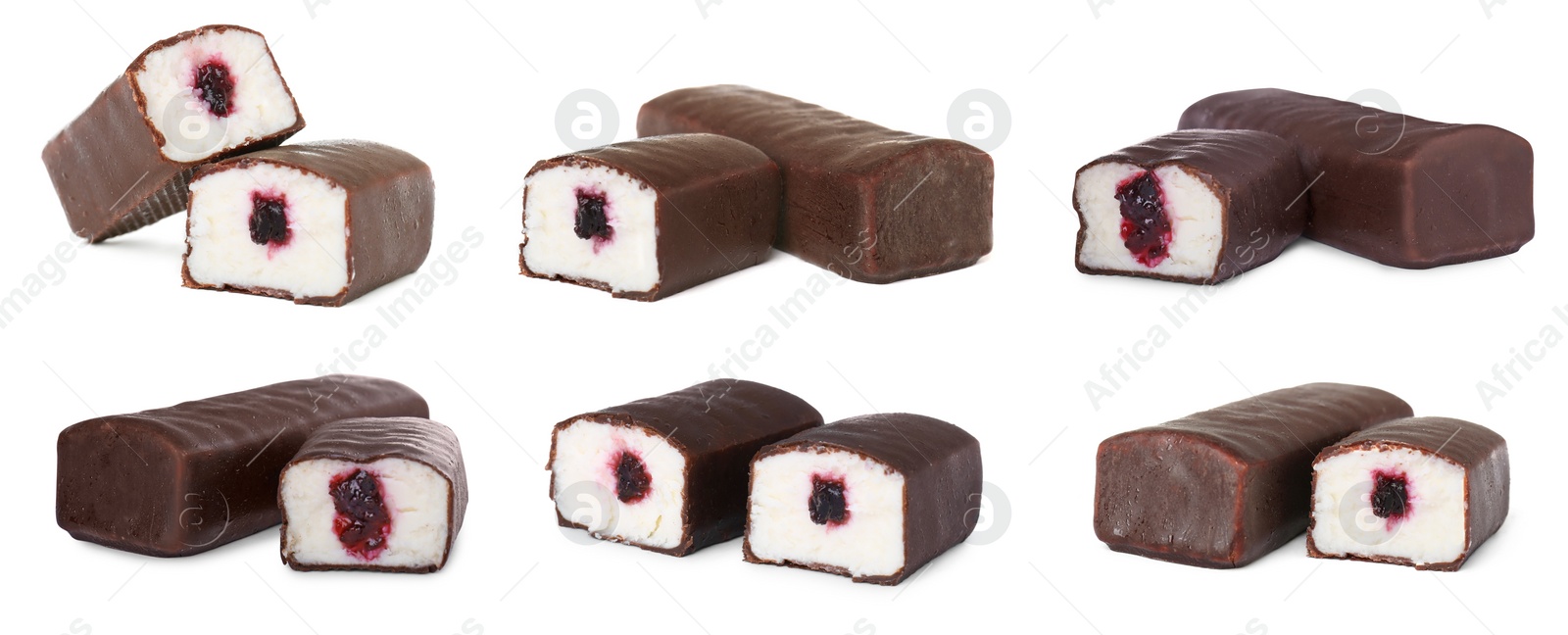 Image of Collage of glazed curd cheese bars with berry jam filling on white background