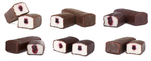 Image of Collage of glazed curd cheese bars with berry jam filling on white background