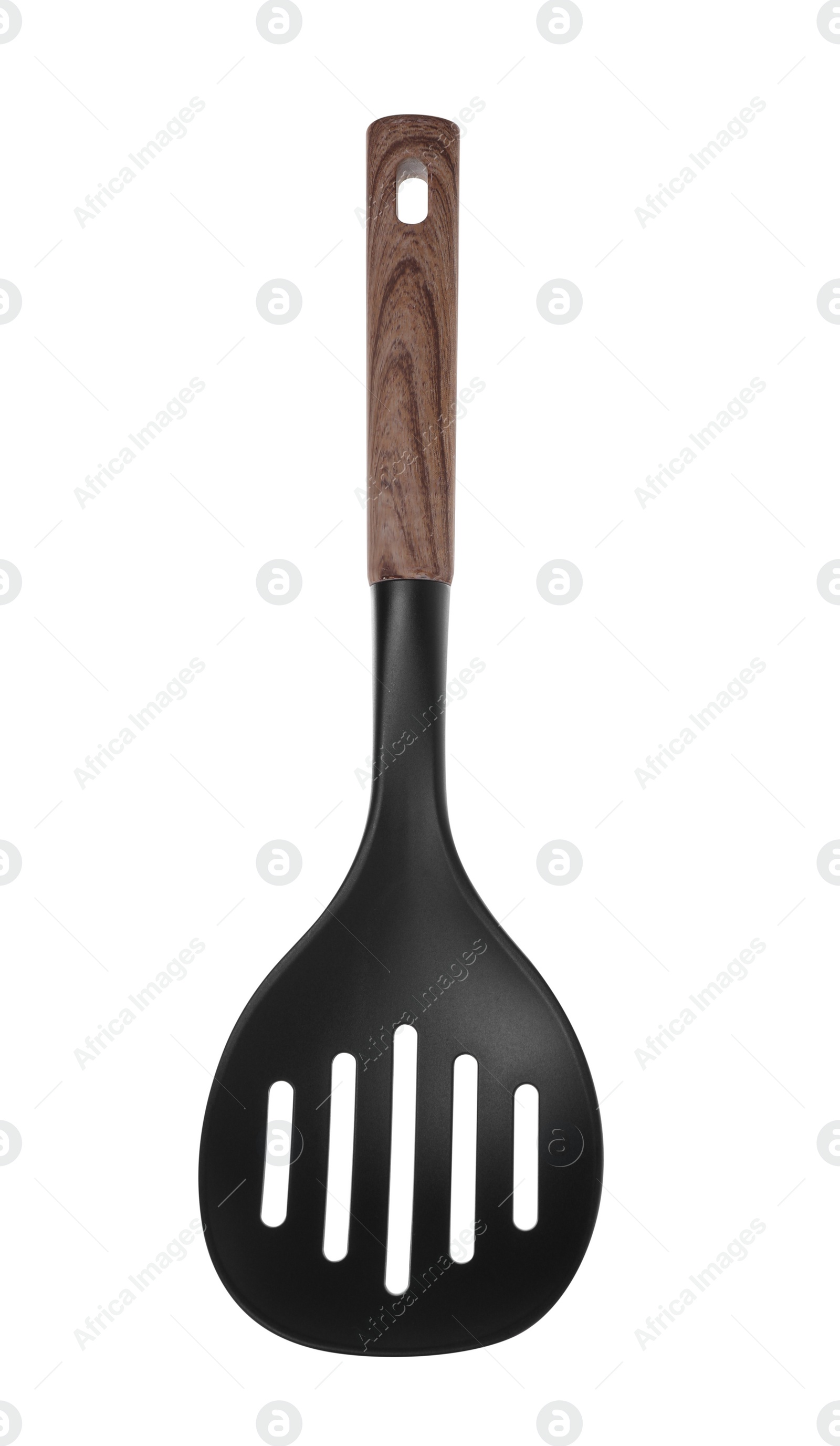 Photo of Slotted spoon with wooden handle isolated on white. Kitchen utensil