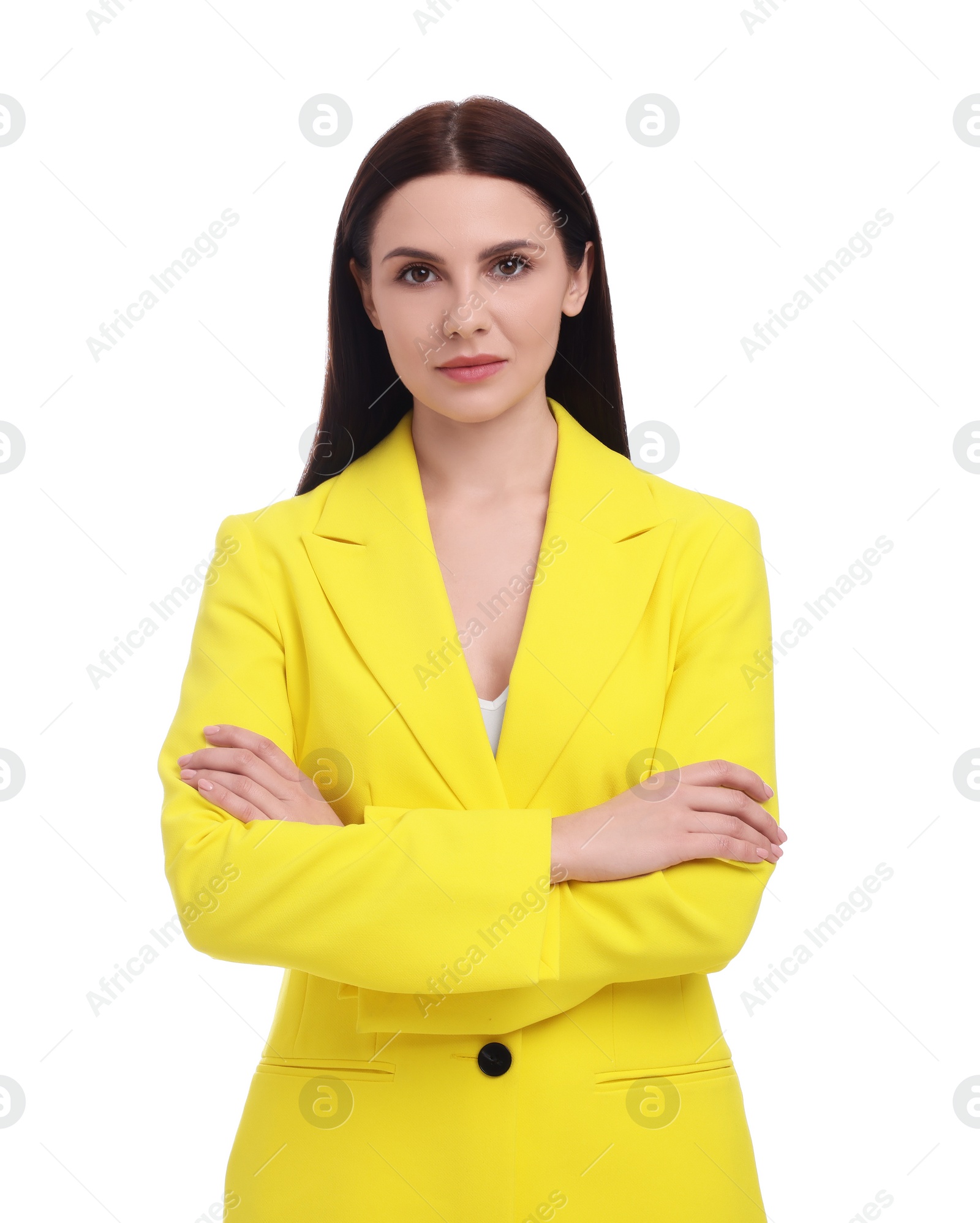 Photo of Beautiful businesswoman in yellow suit on white background