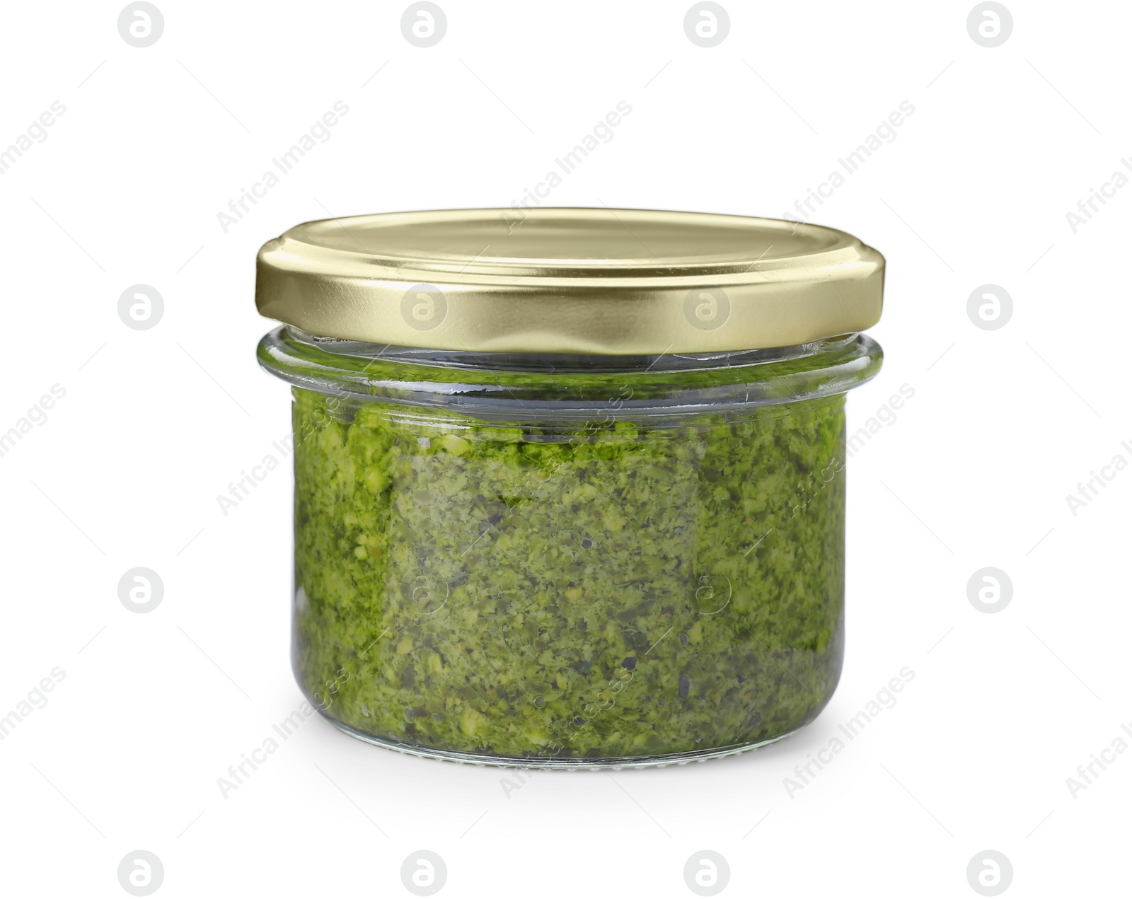 Photo of Jar with delicious pesto sauce isolated on white