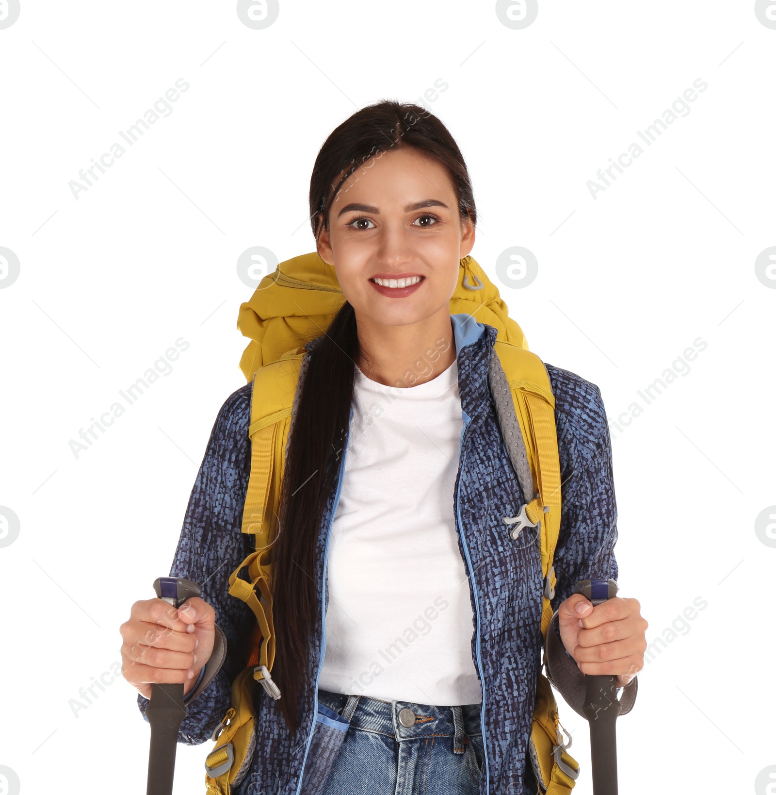 Photo of Female hiker with backpack and trekking poles on white background