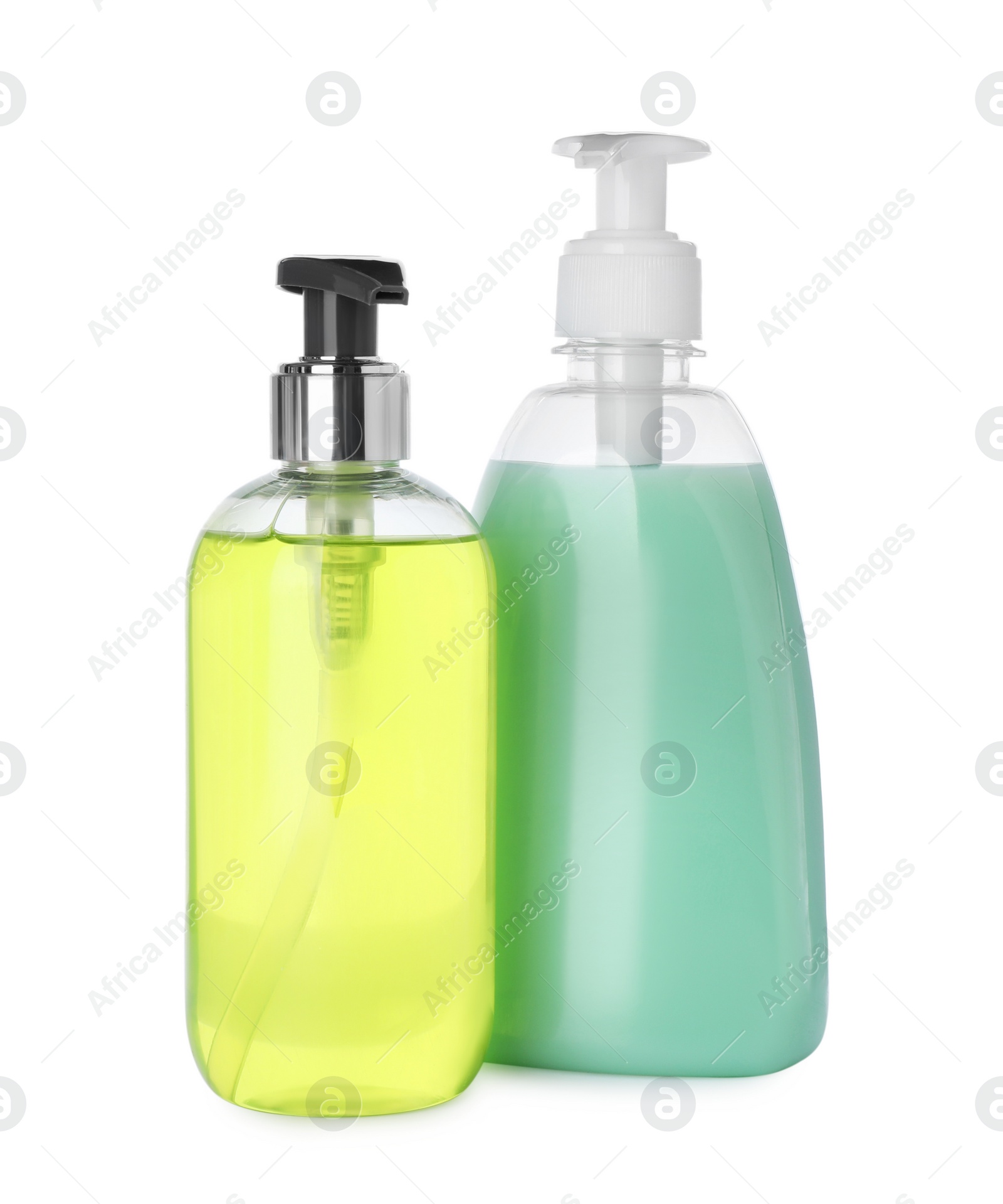 Photo of Dispensers of liquid soap on white background