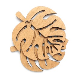 Photo of Leaf shaped wooden cup coasters on white background, top view