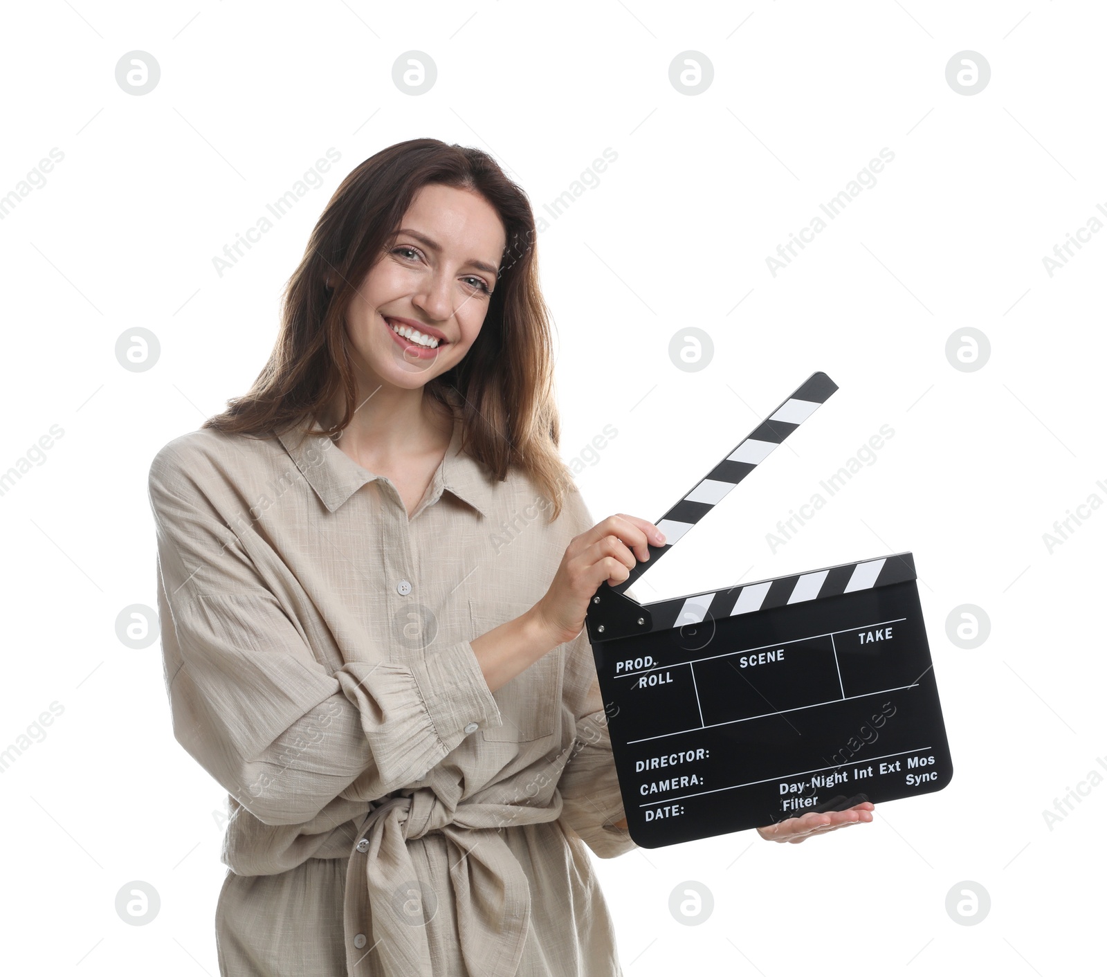 Photo of Making movie. Smiling woman with clapperboard on white background