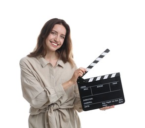 Making movie. Smiling woman with clapperboard on white background