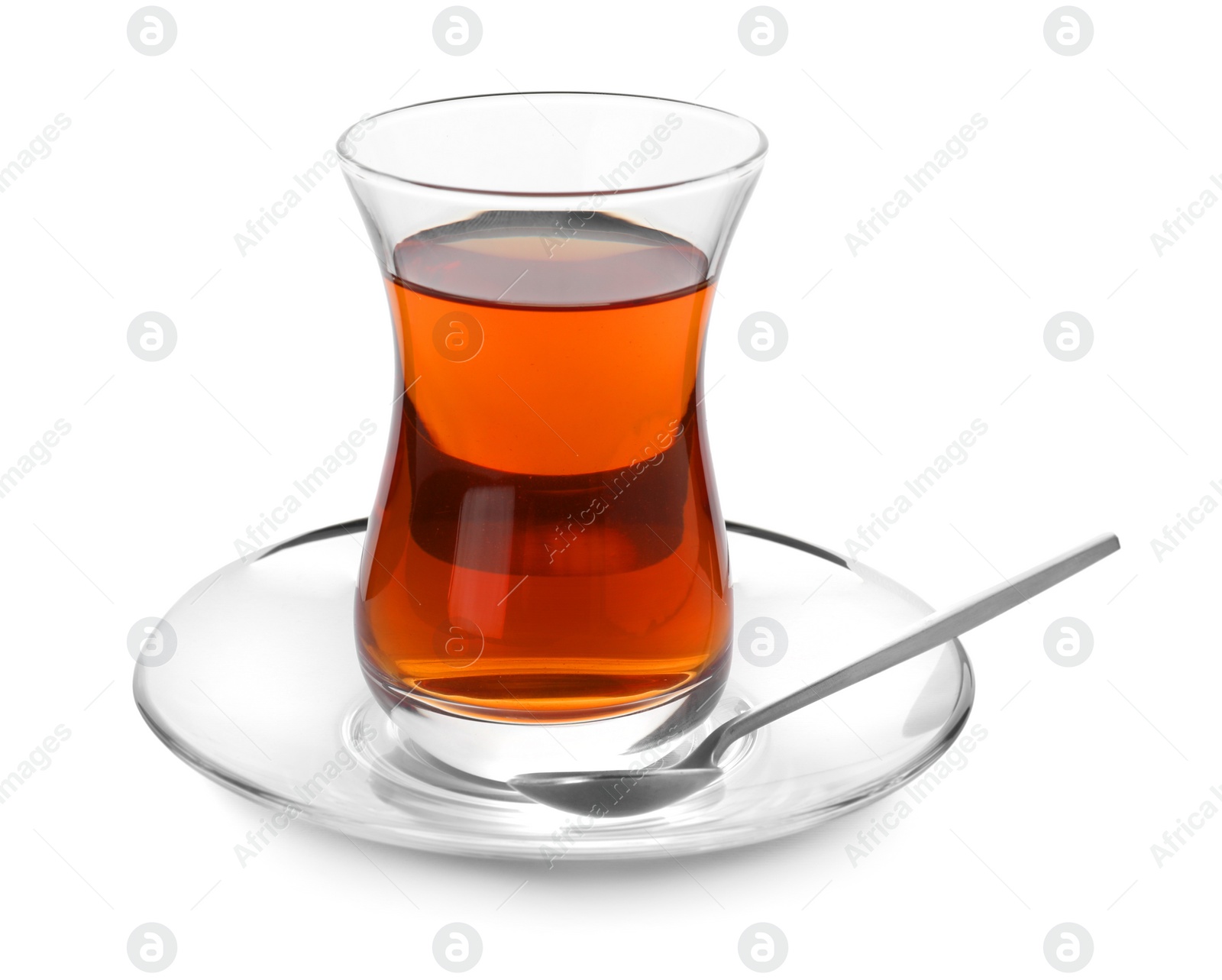 Photo of Tasty Turkish tea in glass isolated on white