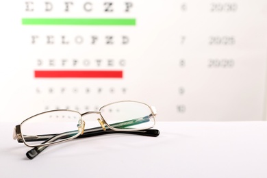Photo of Glasses with corrective lenses on table against eye chart