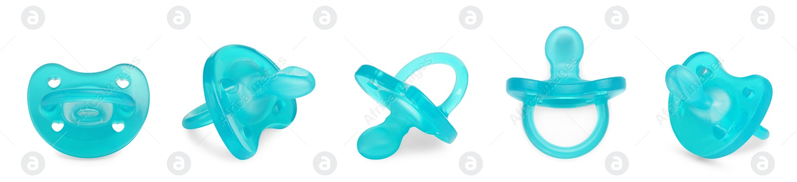 Image of Collage of light blue baby pacifier on white background, views from different sides