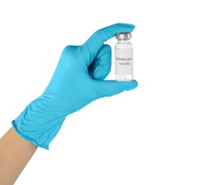 Photo of Nurse holding glass vial of monkeypox vaccine on white background, closeup