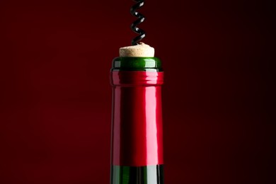 Photo of Opening bottle of wine with corkscrew on burgundy background