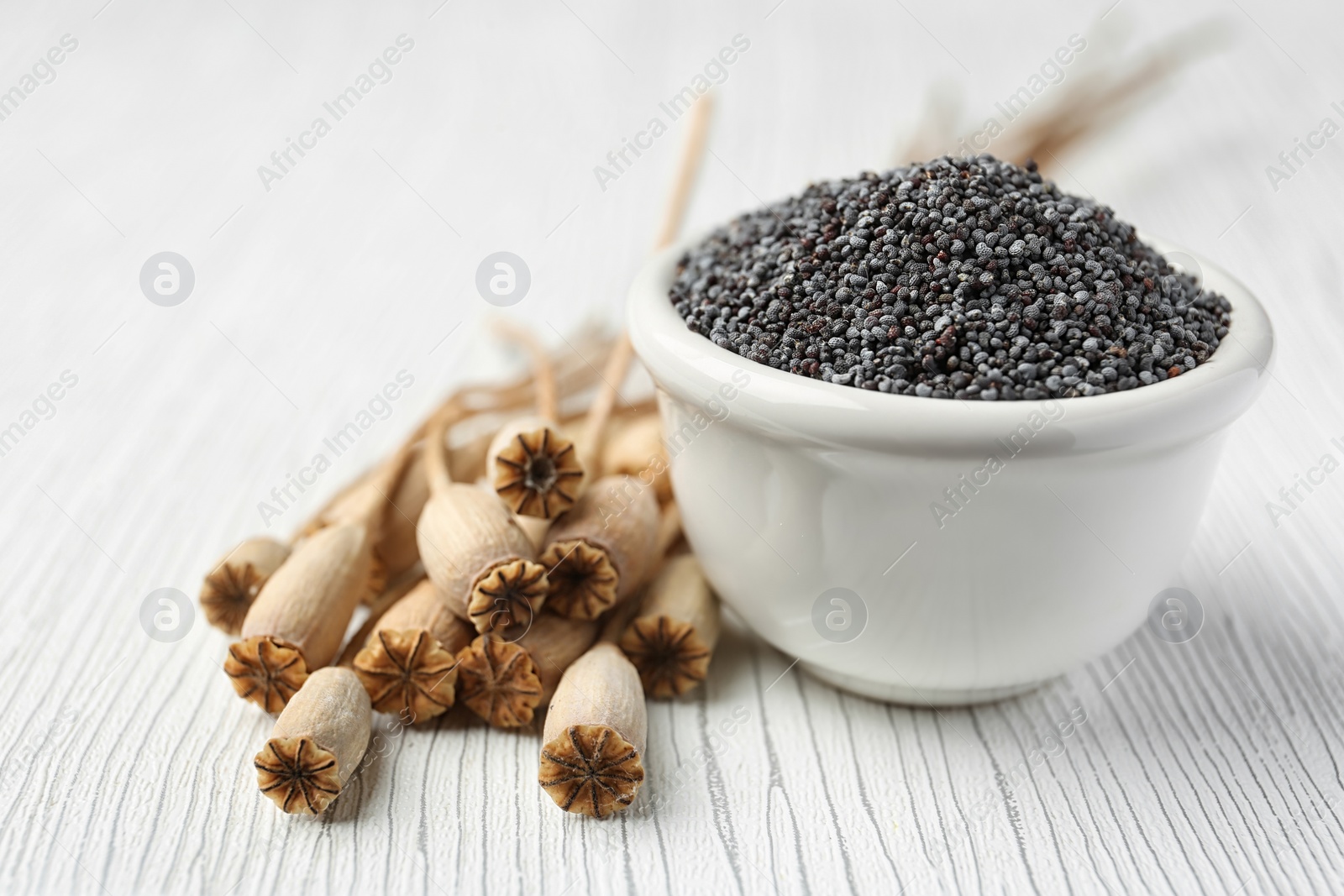 Photo of Dry poppy heads and bowl with seeds on white wooden background