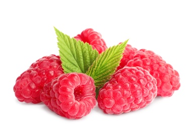 Delicious ripe sweet raspberries with leaves isolated on white