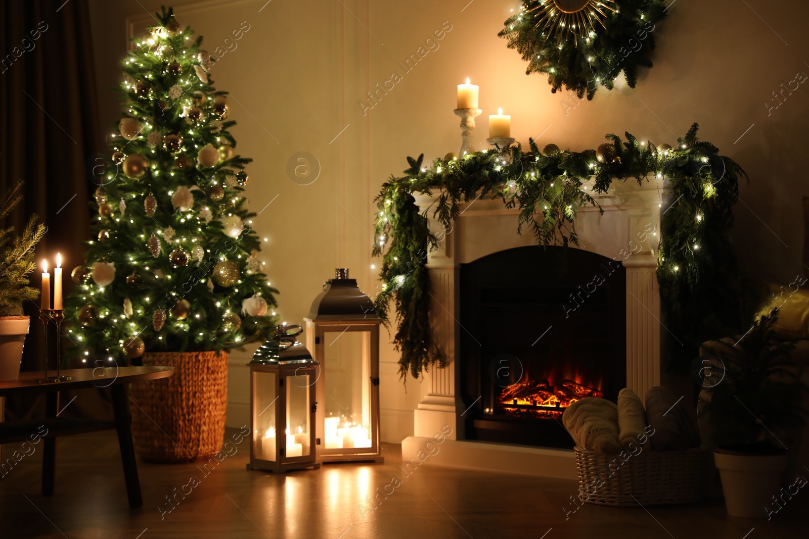 Photo of Beautiful room interior with fireplace and Christmas decor in evening