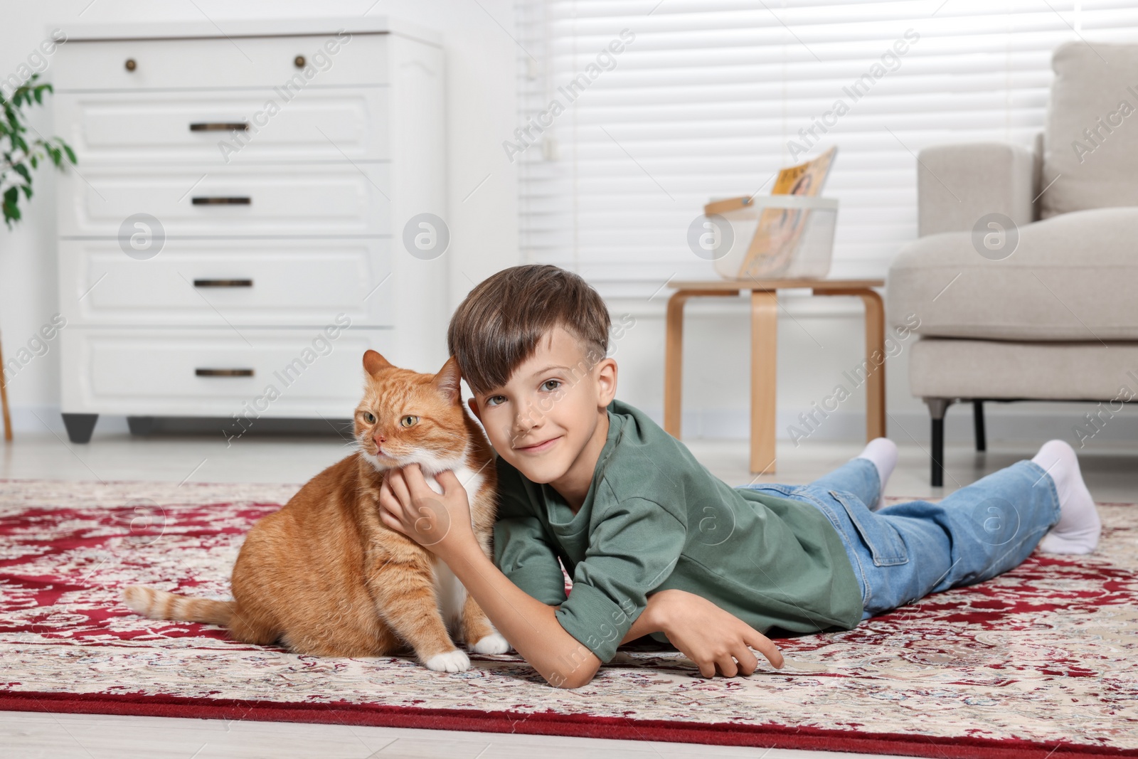 Photo of Little boy petting cute ginger cat on carpet at home