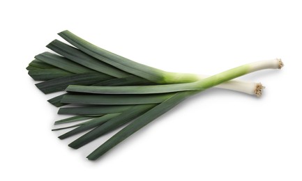 Photo of Fresh raw leeks on white background, top view