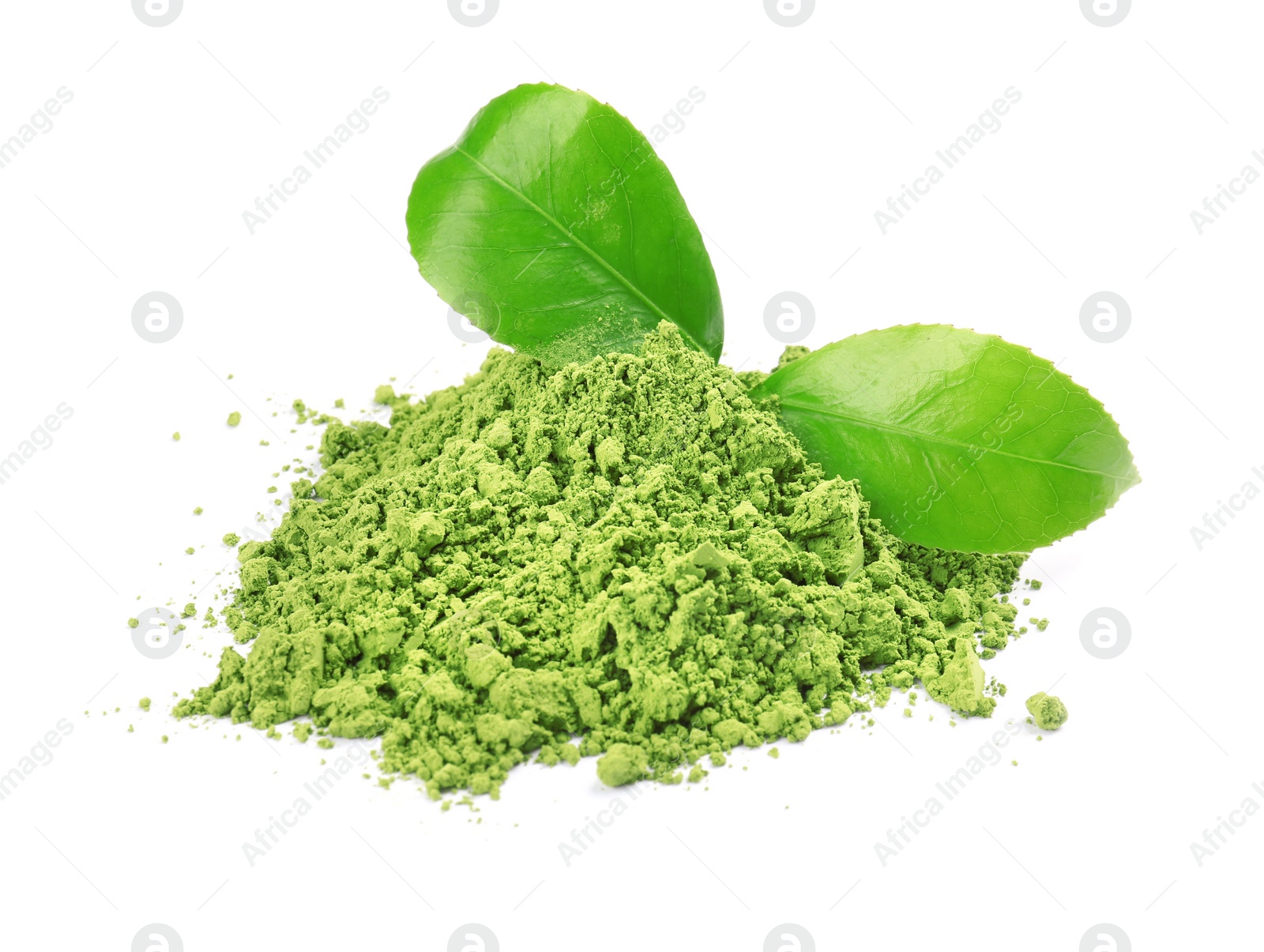 Photo of Powdered matcha tea and leaves on white background