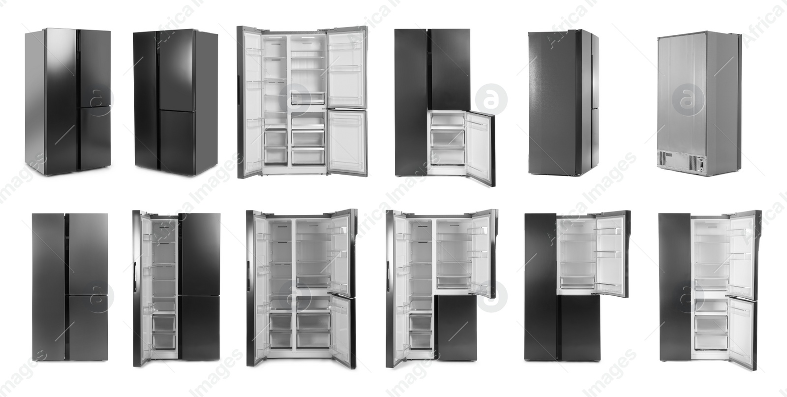 Image of Collage of modern refrigerators on white background