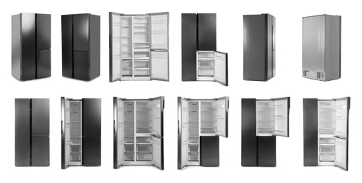 Collage of modern refrigerators on white background