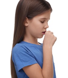 Photo of Sick girl coughing on white background. Cold symptoms