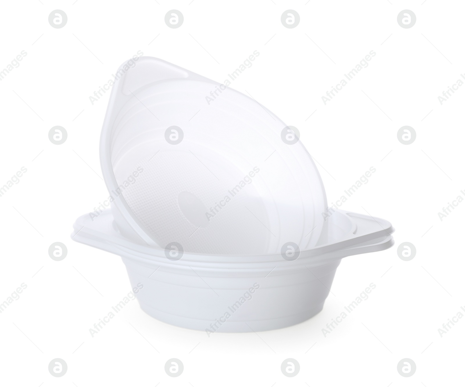 Photo of Stack of disposable plastic bowls isolated on white