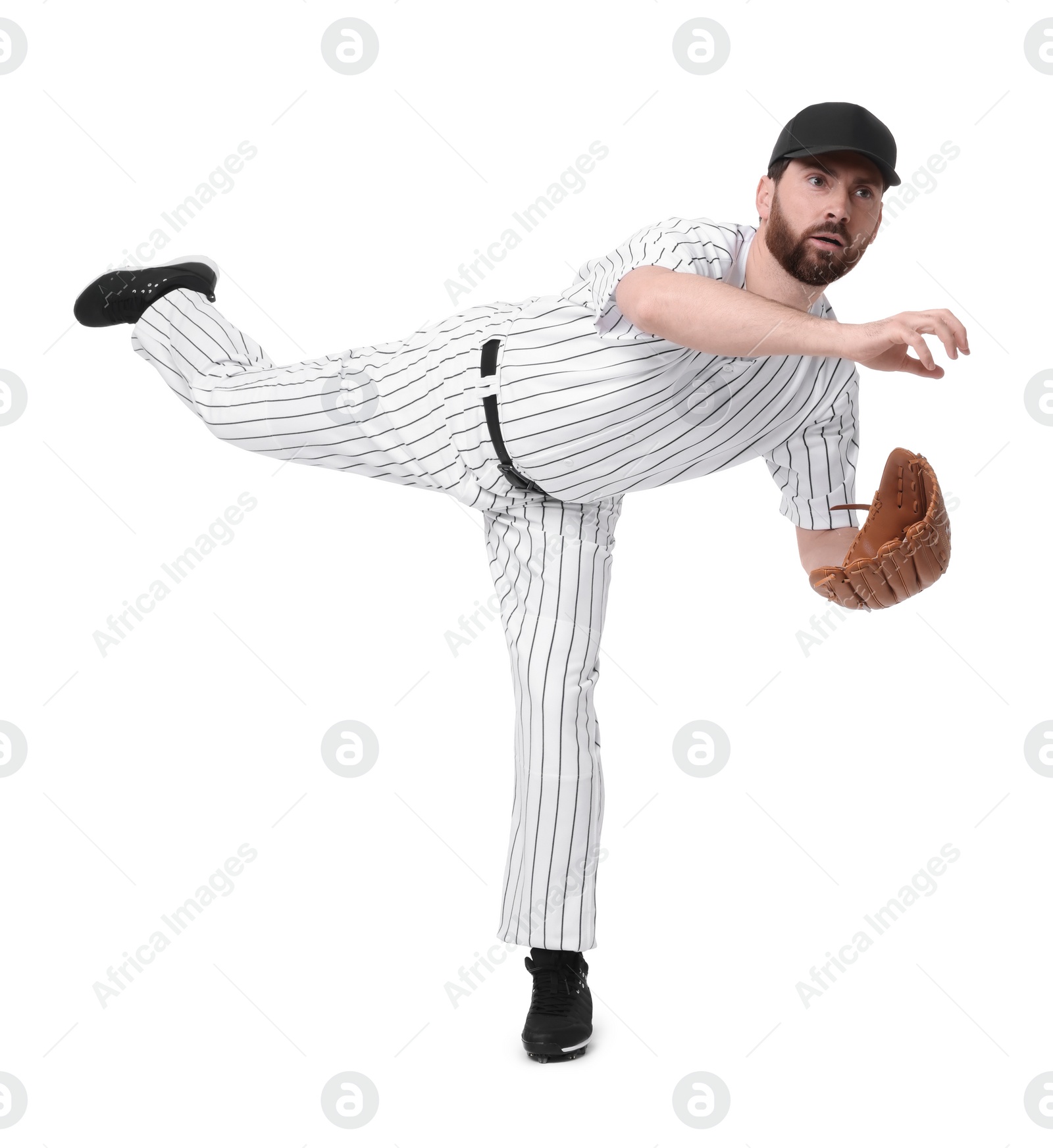 Photo of Baseball player with leather glove on white background