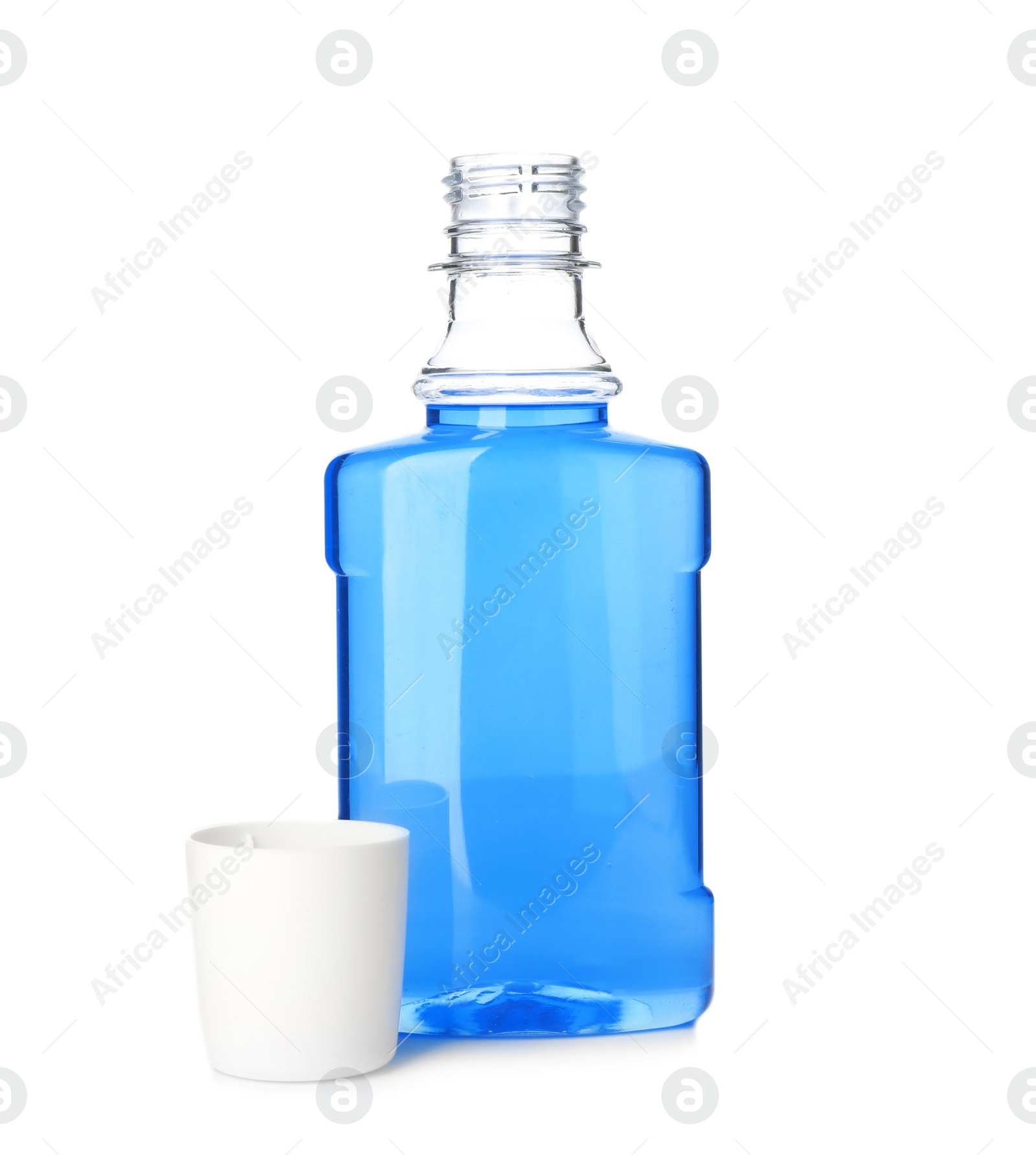 Photo of Bottle with mouthwash for teeth care on white background