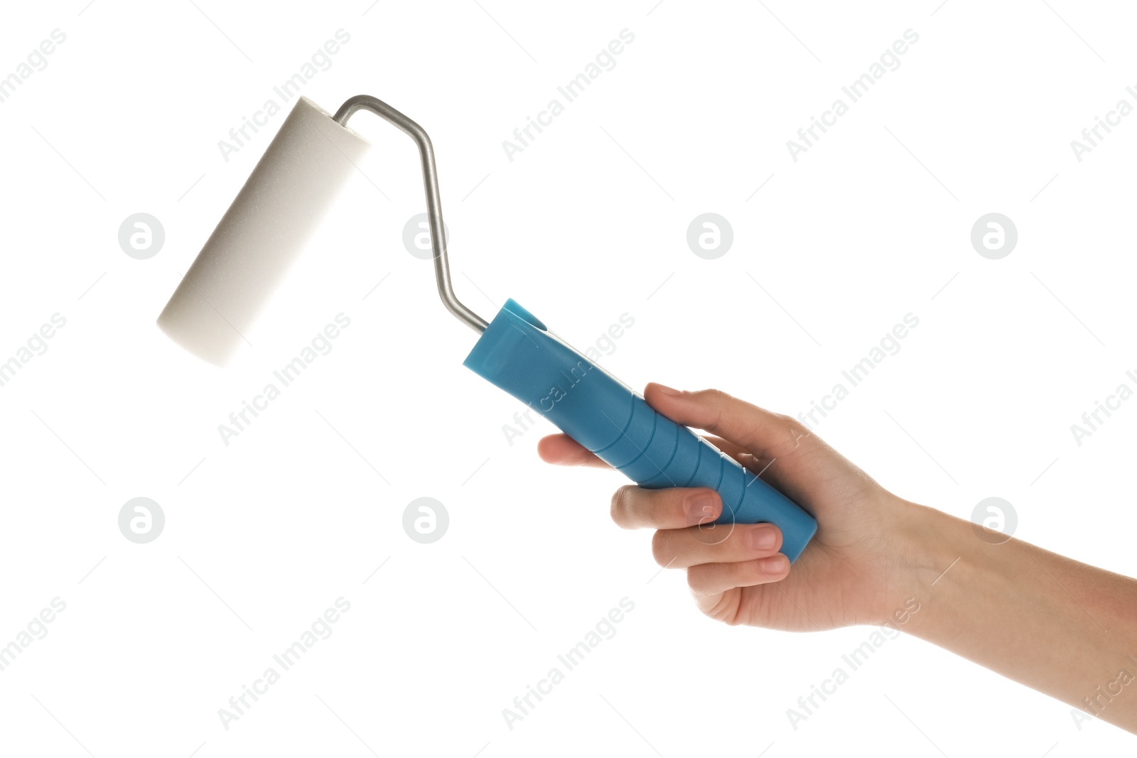 Photo of Woman holding paint roller brush on white background, closeup