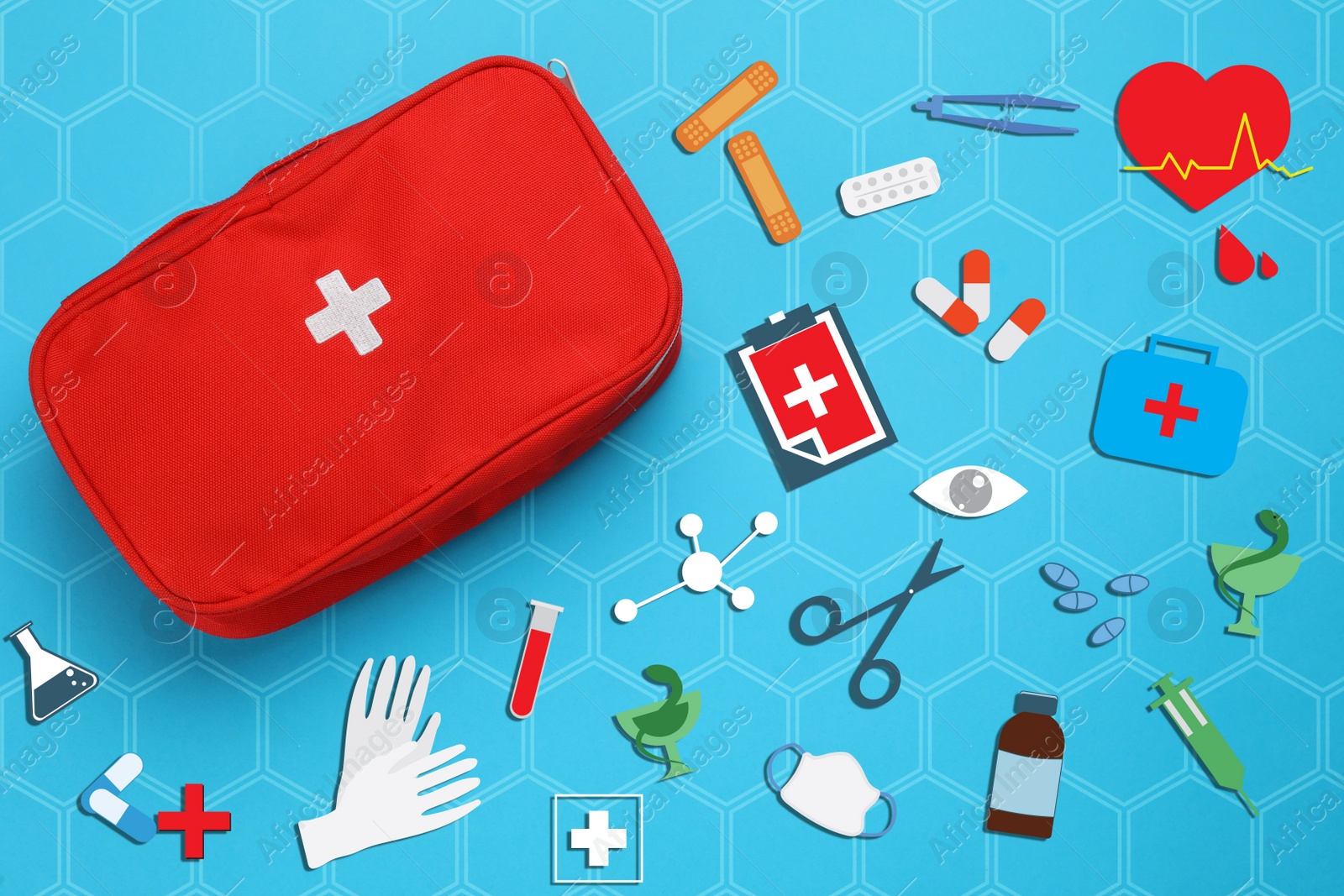 Image of First aid kit bag and different images on light blue background, top view