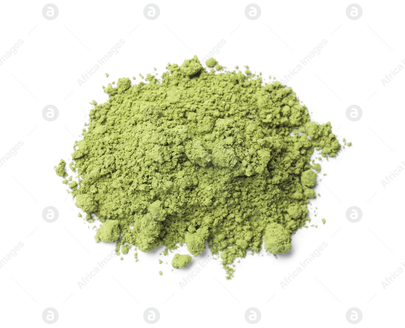 Photo of Pile of green matcha powder isolated on white, top view