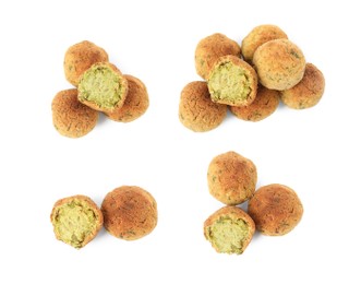 Image of Set with delicious deep fried falafel balls on white background, top view