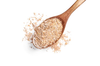 Photo of Wooden spoon with wheat bran on white background, top view