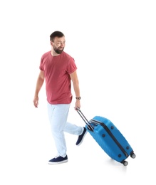 Man with suitcase on white background. Vacation travel