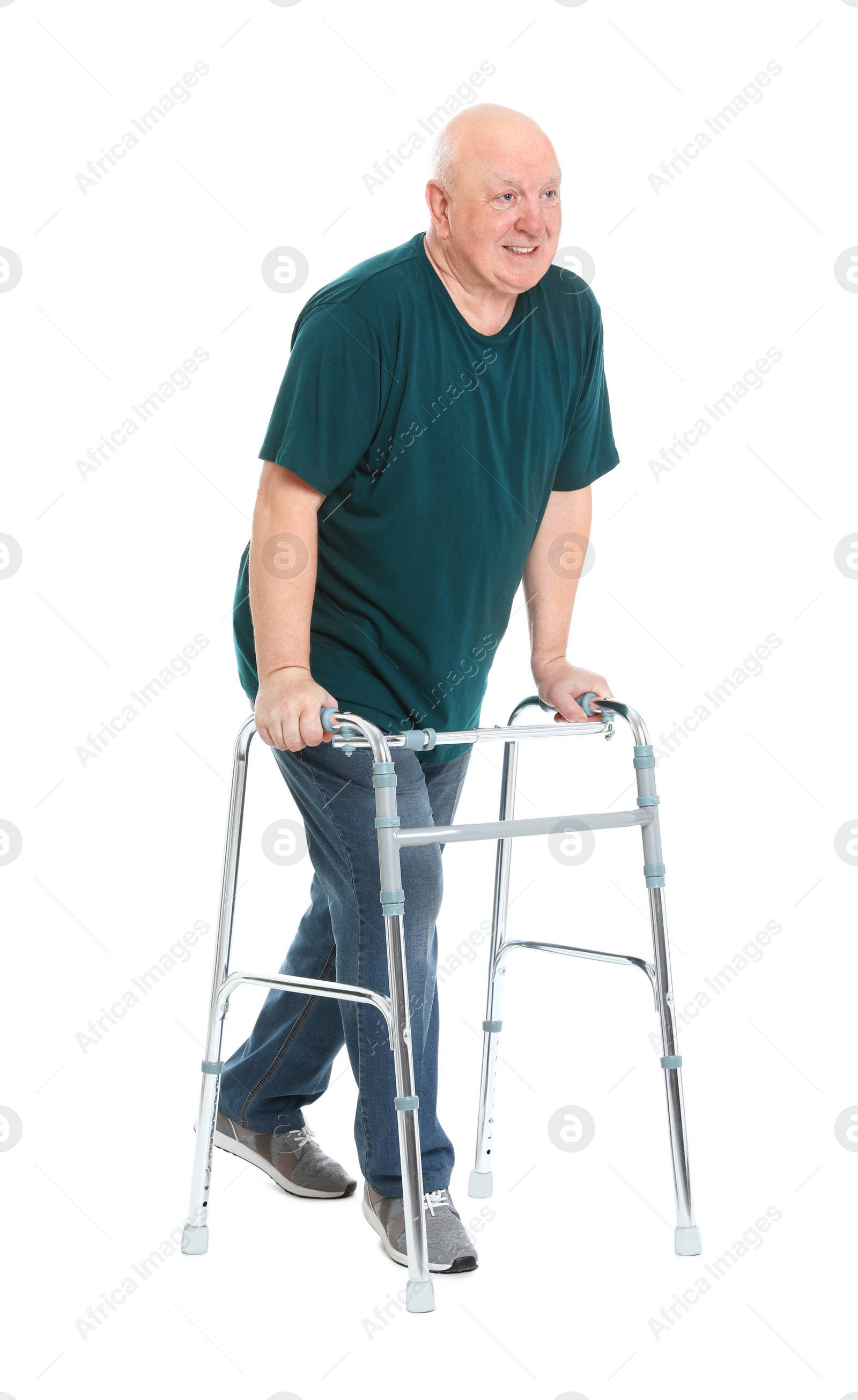 Photo of Elderly man with walking frame on white background. Medical help