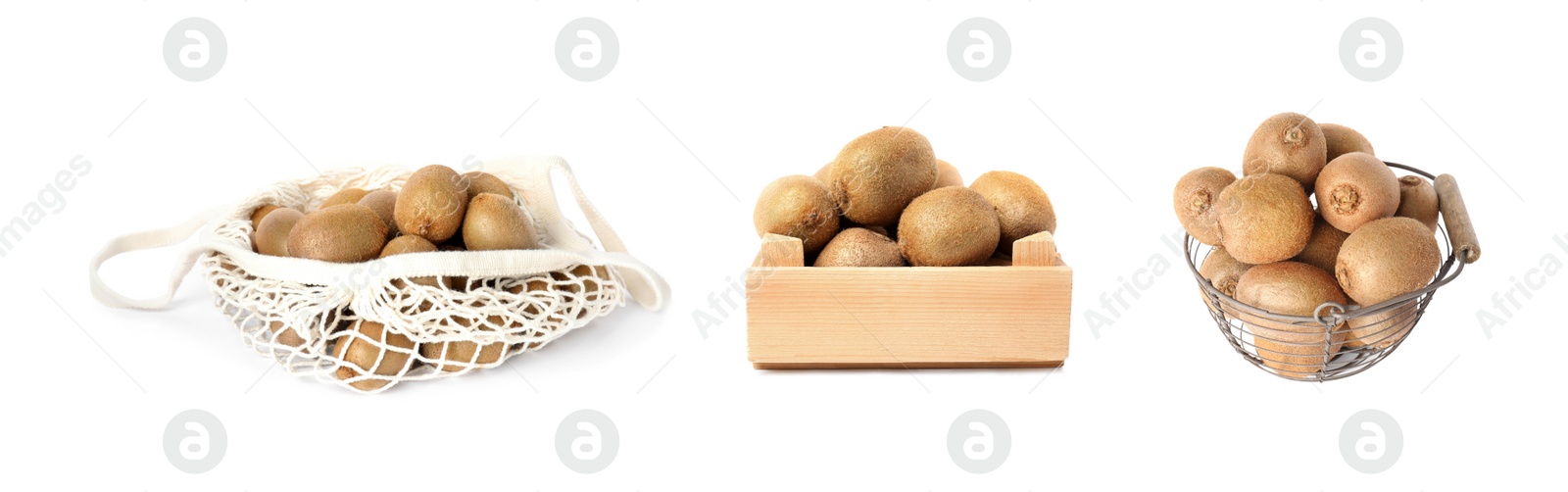 Image of Set with ripe kiwi fruits on white background, banner design