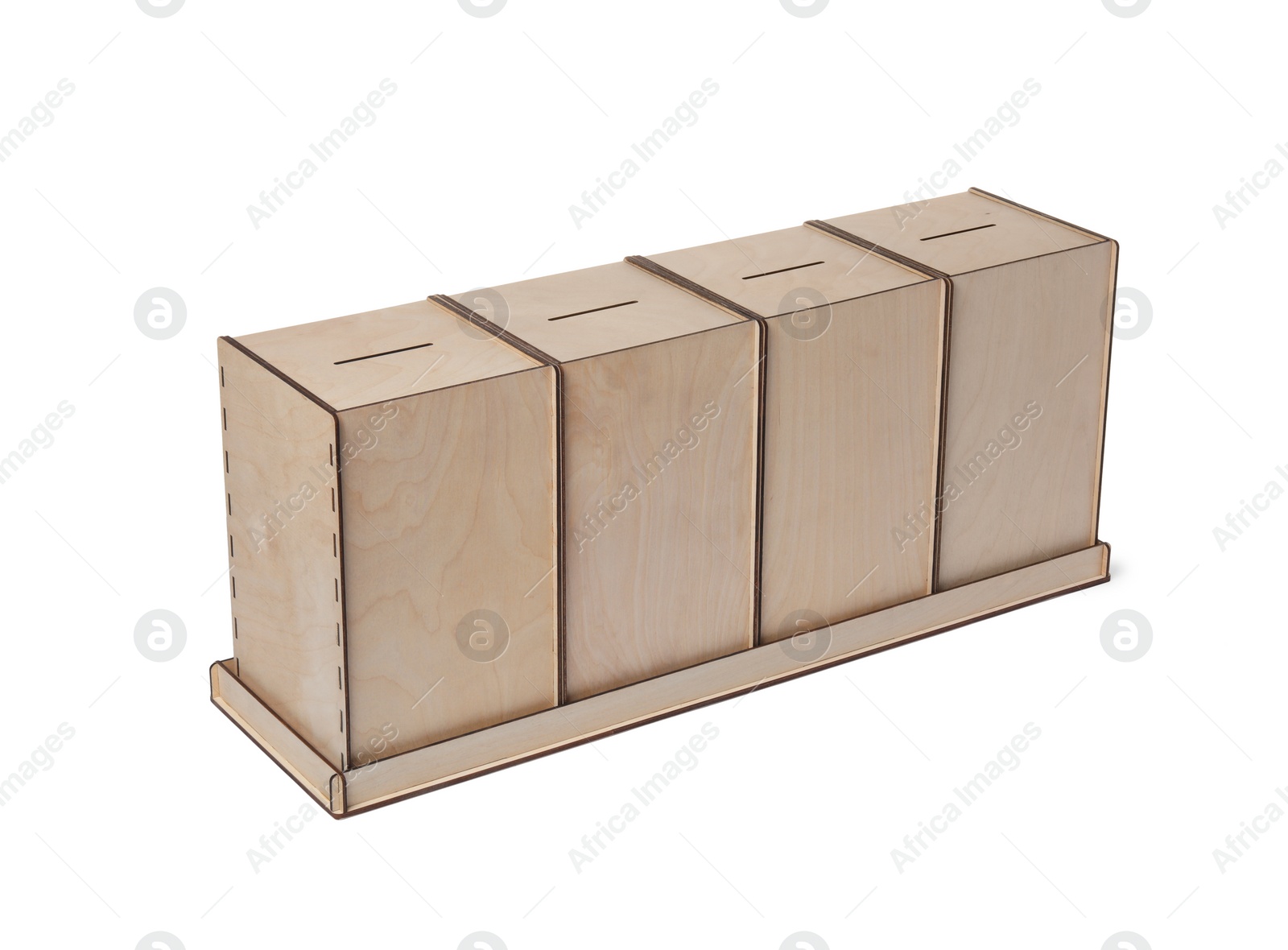 Photo of Wooden ballot boxes isolated on white. Election time