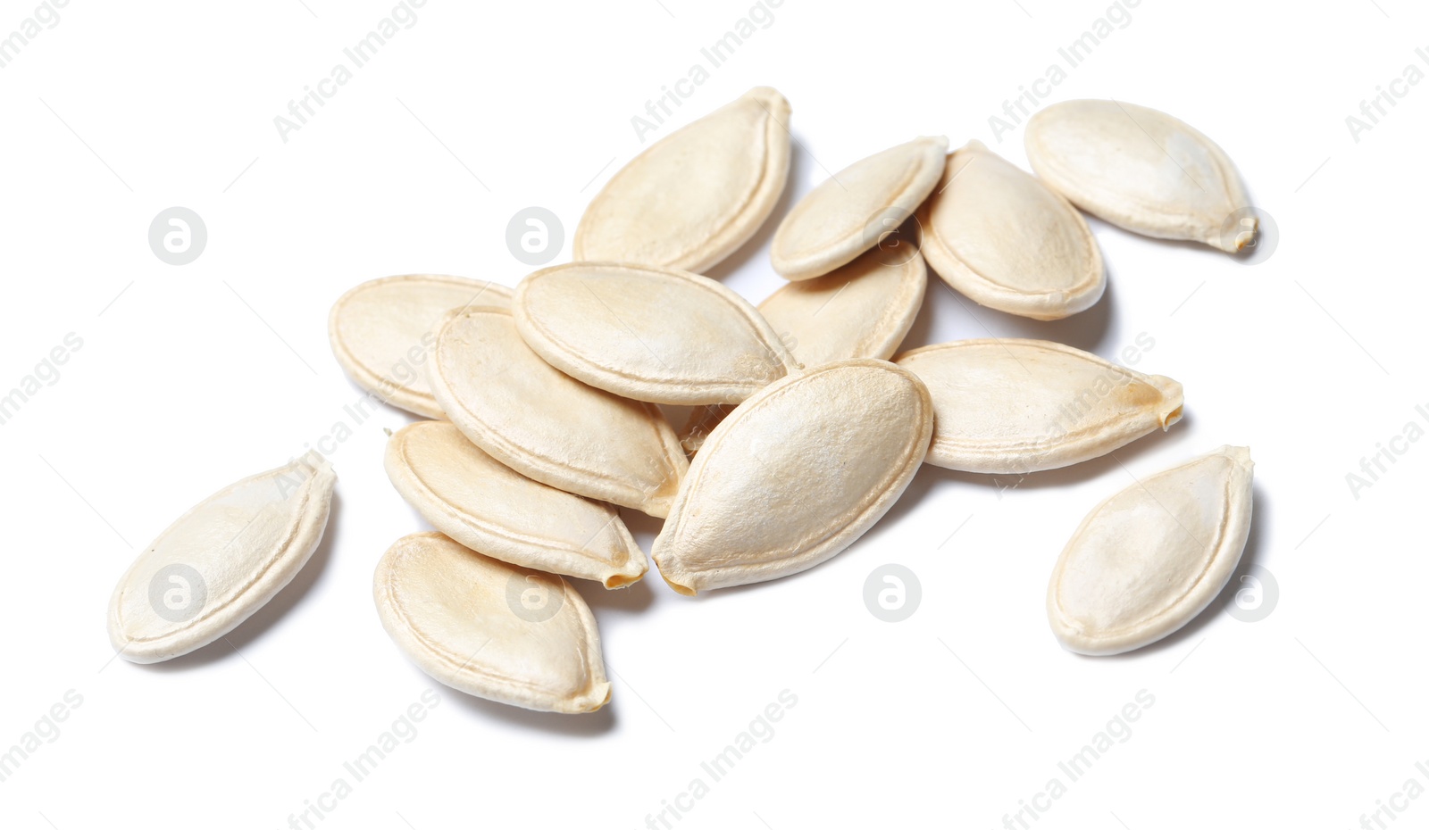 Photo of Pile of raw pumpkin seeds on white background