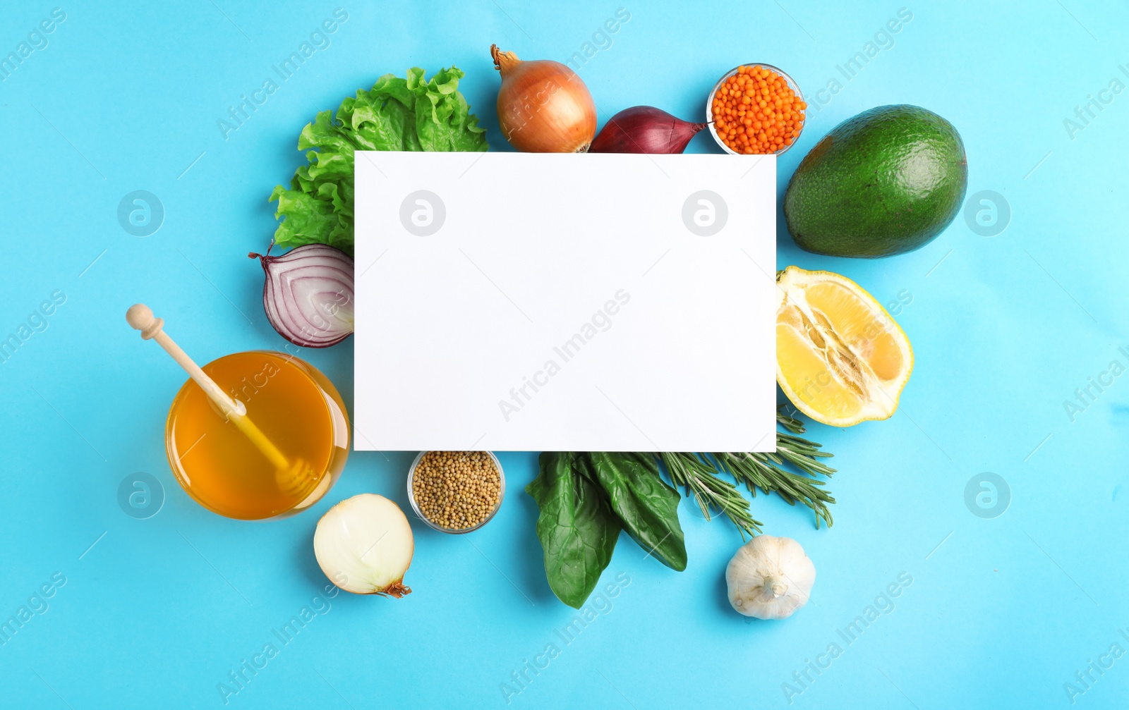 Photo of Natural products and blank card with space for text on color background, top view. Home remedies for asthma