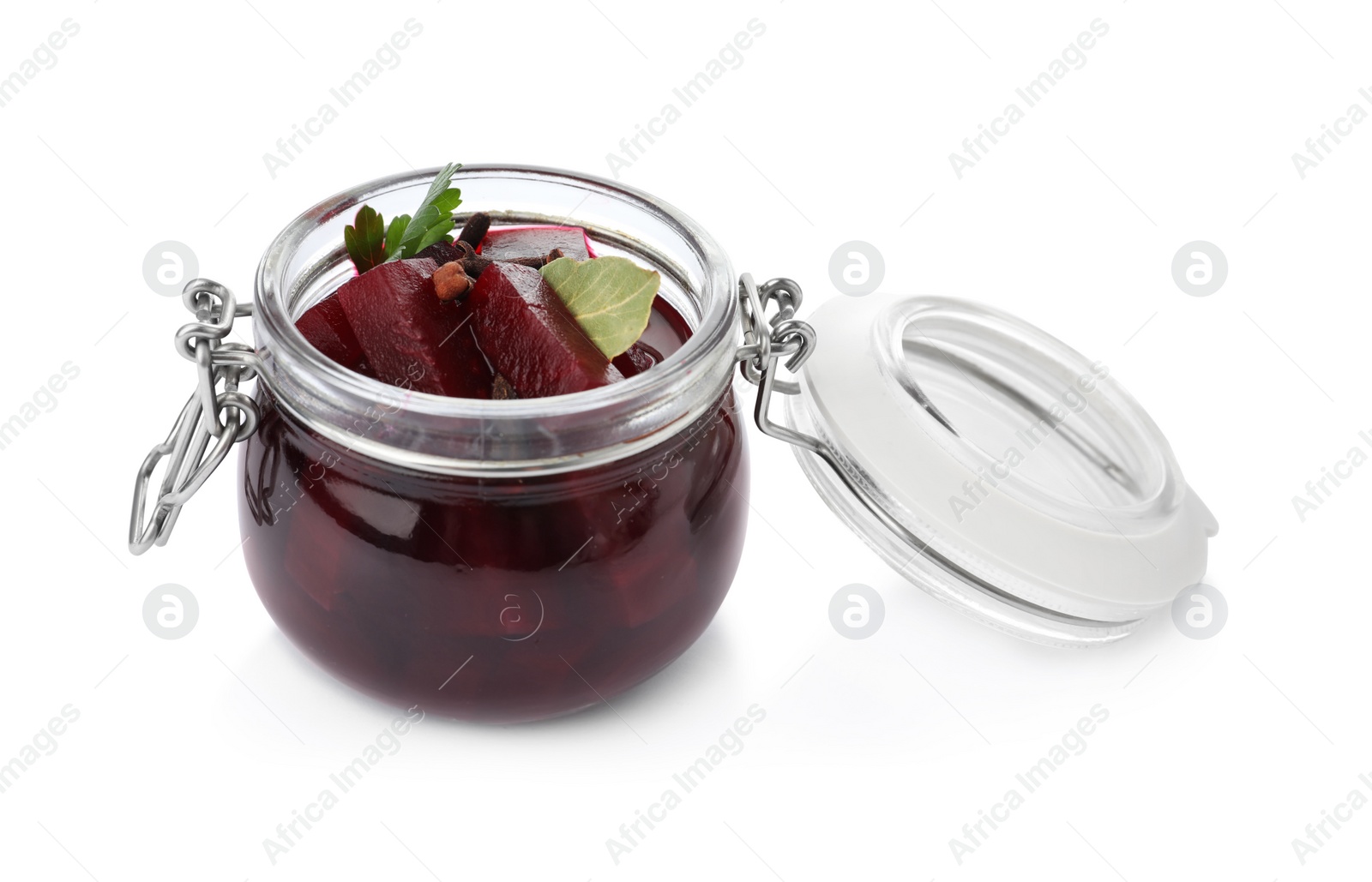 Photo of Pickled beets in jar isolated on white