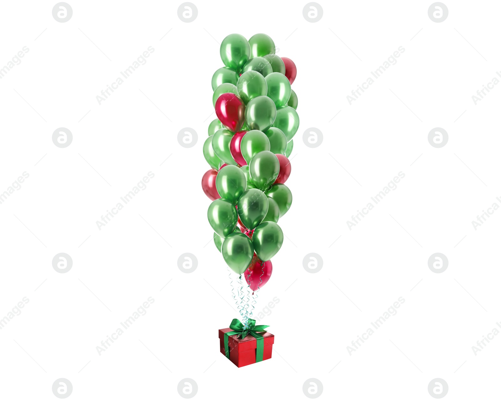 Image of Many balloons tied to gift box on white background