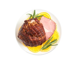 Delicious ham with orange slices and rosemary isolated on white, top view