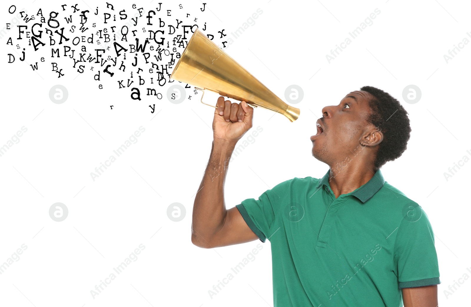 Image of Man using megaphone on white background. Letters flying out of device