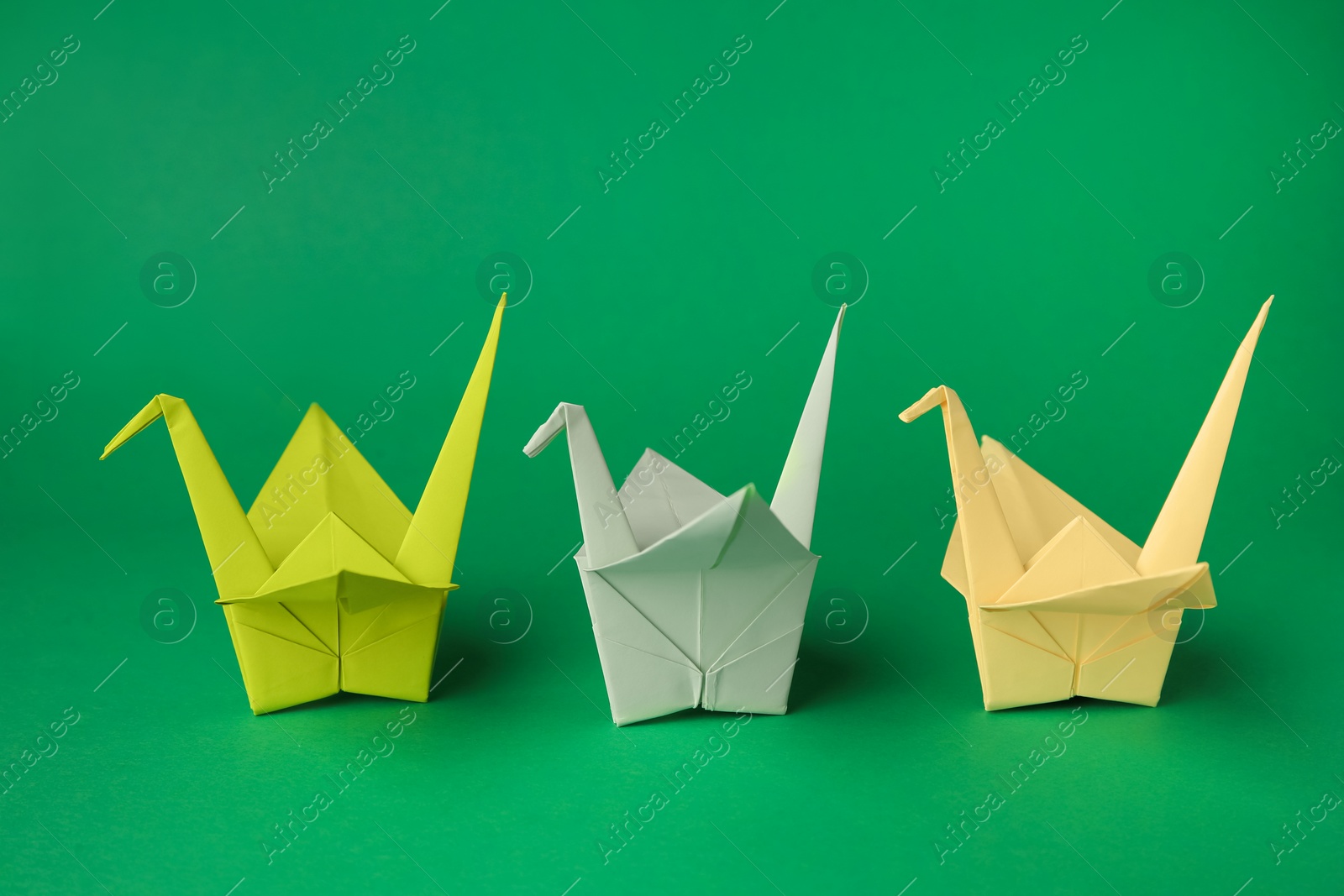 Photo of Colorful paper origami cranes on green background