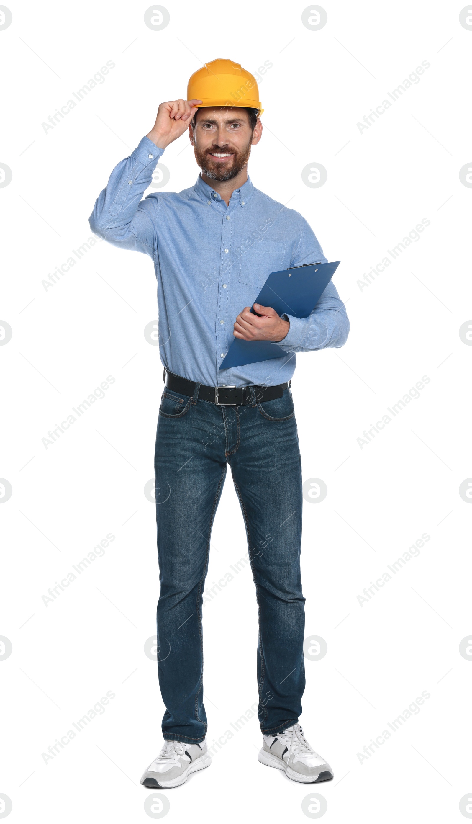 Photo of Professional engineer in hard hat with clipboard isolated on white