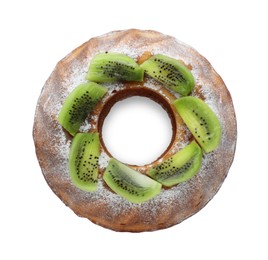 Photo of Homemade yogurt cake with kiwi and powdered sugar on white background, top view