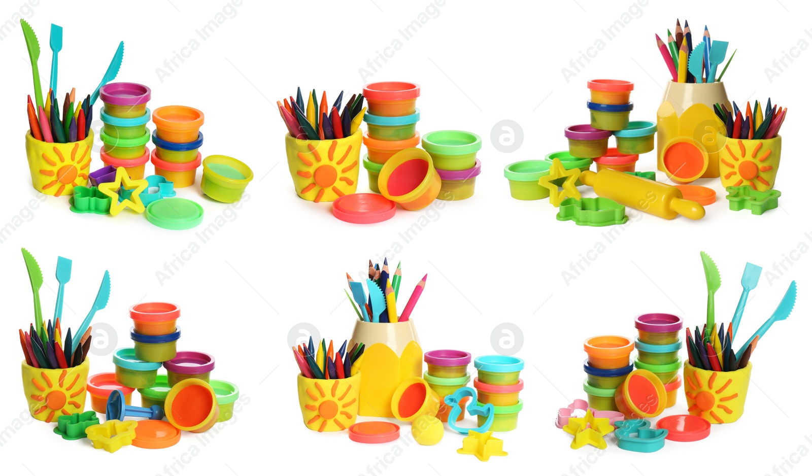 Image of Set with different colorful play dough, tools and pencils on white background. Banner design